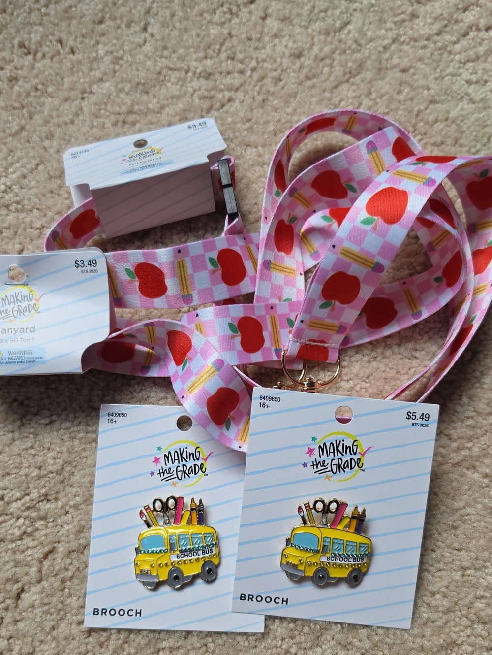 Hobby Lobby Pink Apple Print Lanyard with School Bus Brooch